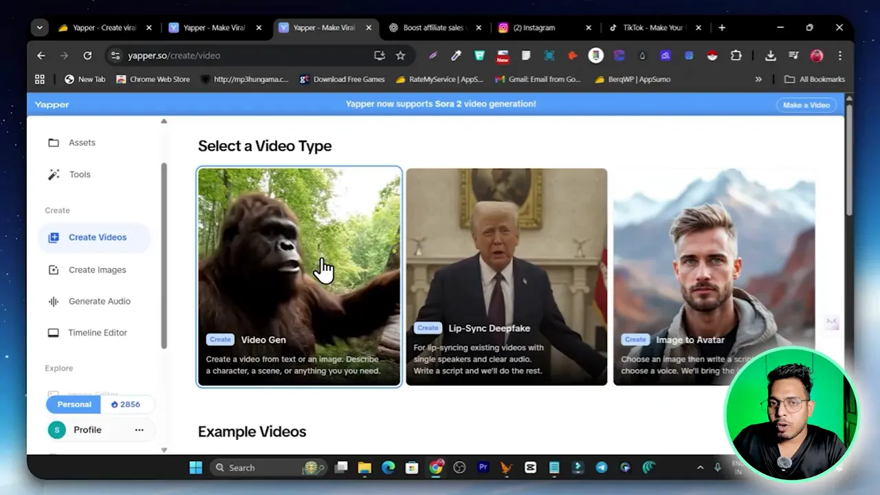 Create video options in Yapper: vlogging, lip sync, image to avatar