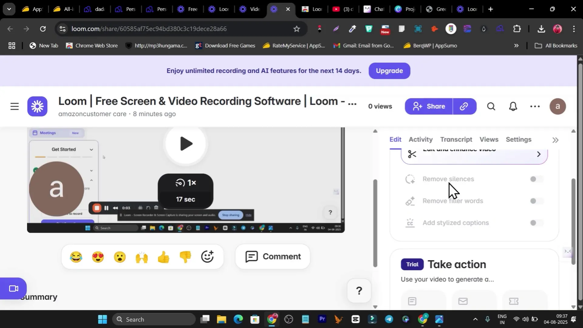 Loom editor options showing AI features menu (premium)
