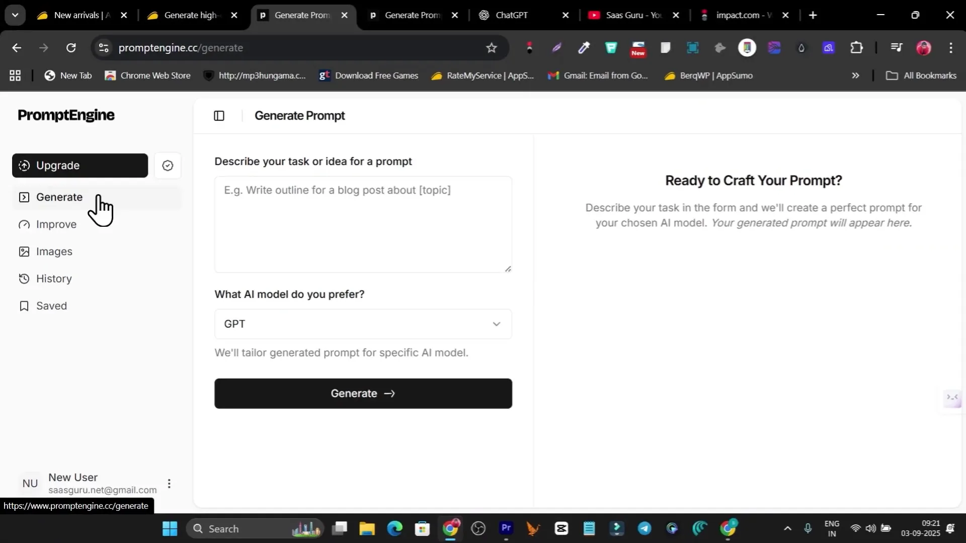 PromptEngine dashboard with 'Generate' button and input field