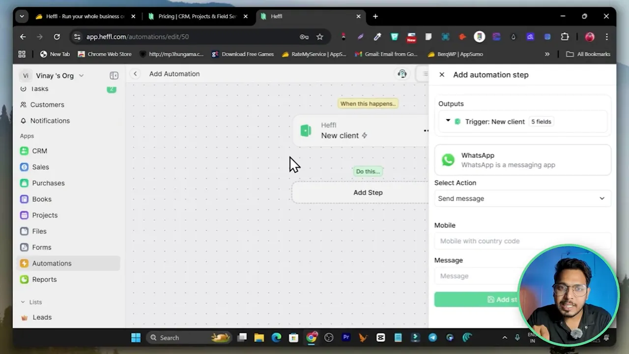 Automation triggers and message setup inside Heffl for new client onboarding