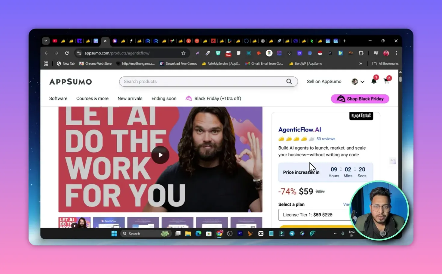 AppSumo product page for AgenticFlow showing hero banner, pricing panel and countdown timer