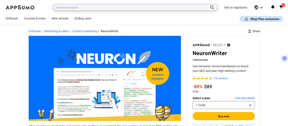Neuronwriter lifetime deal appsumo