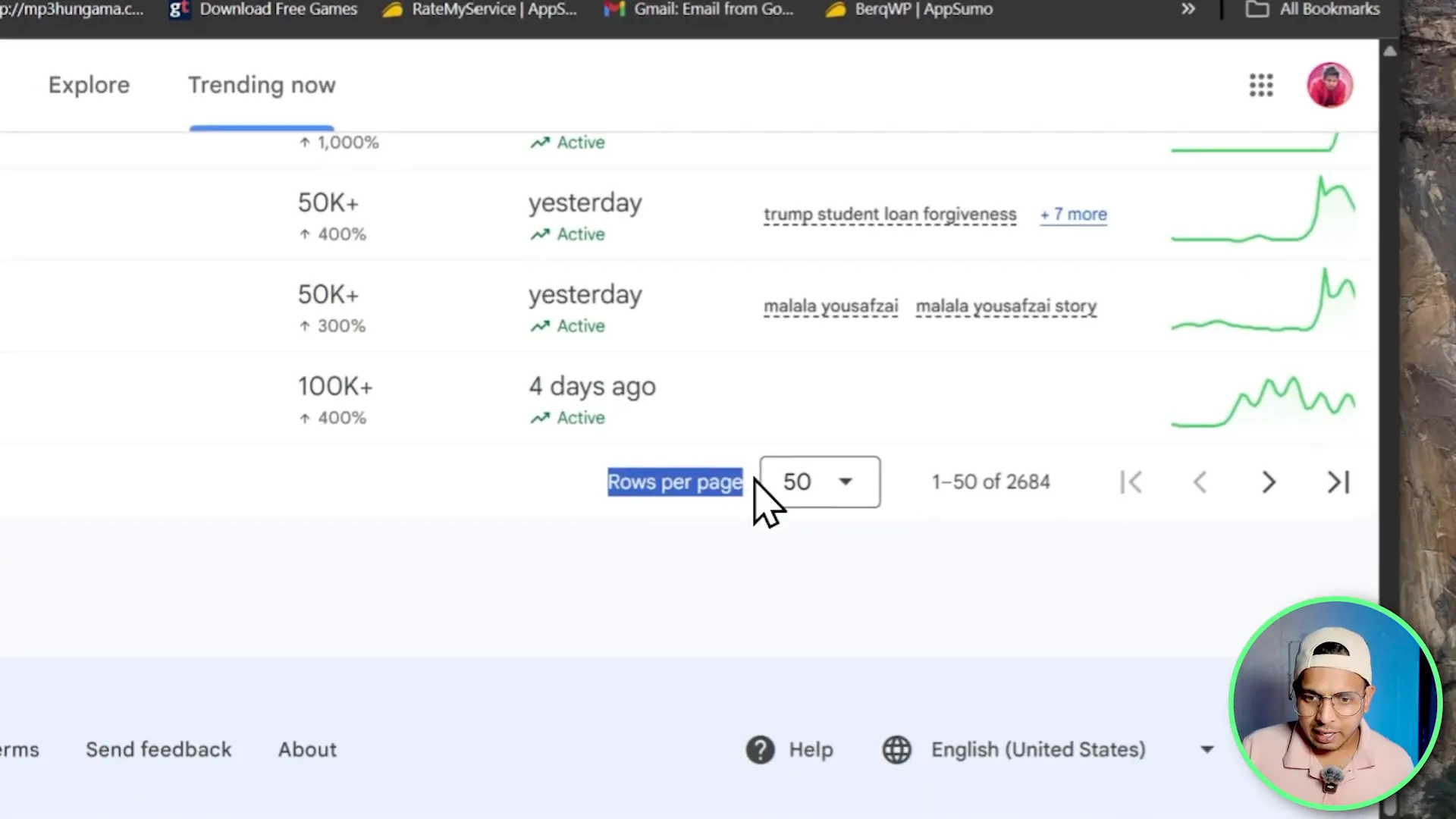 Scroll till end and click raw per page dropdown to select 50 rows
