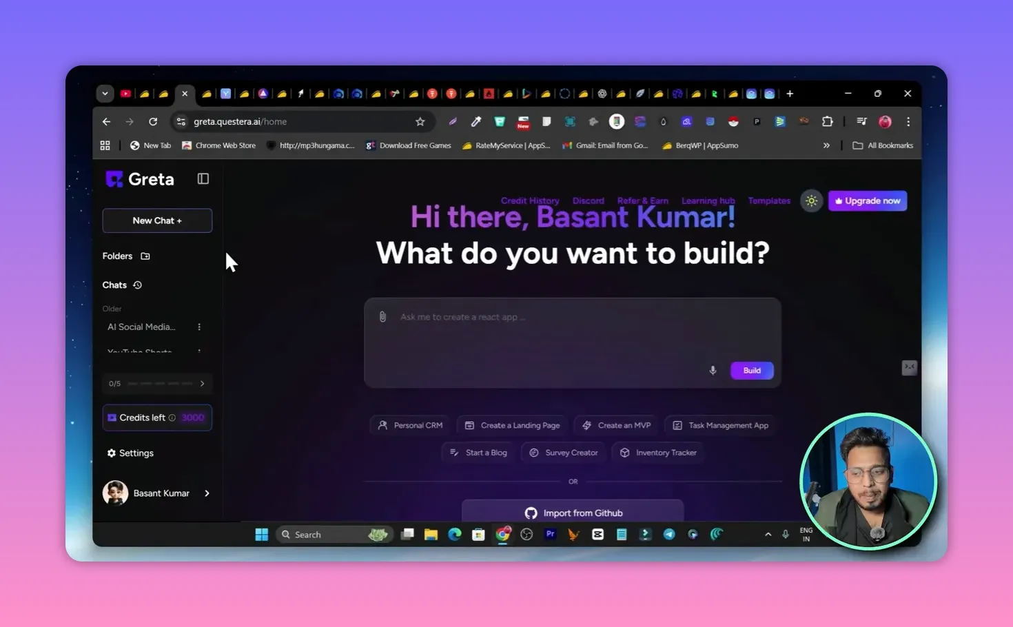 Greta web app builder home screen with a large 'What do you want to build?' prompt and UI controls; small presenter thumbnail in corner.