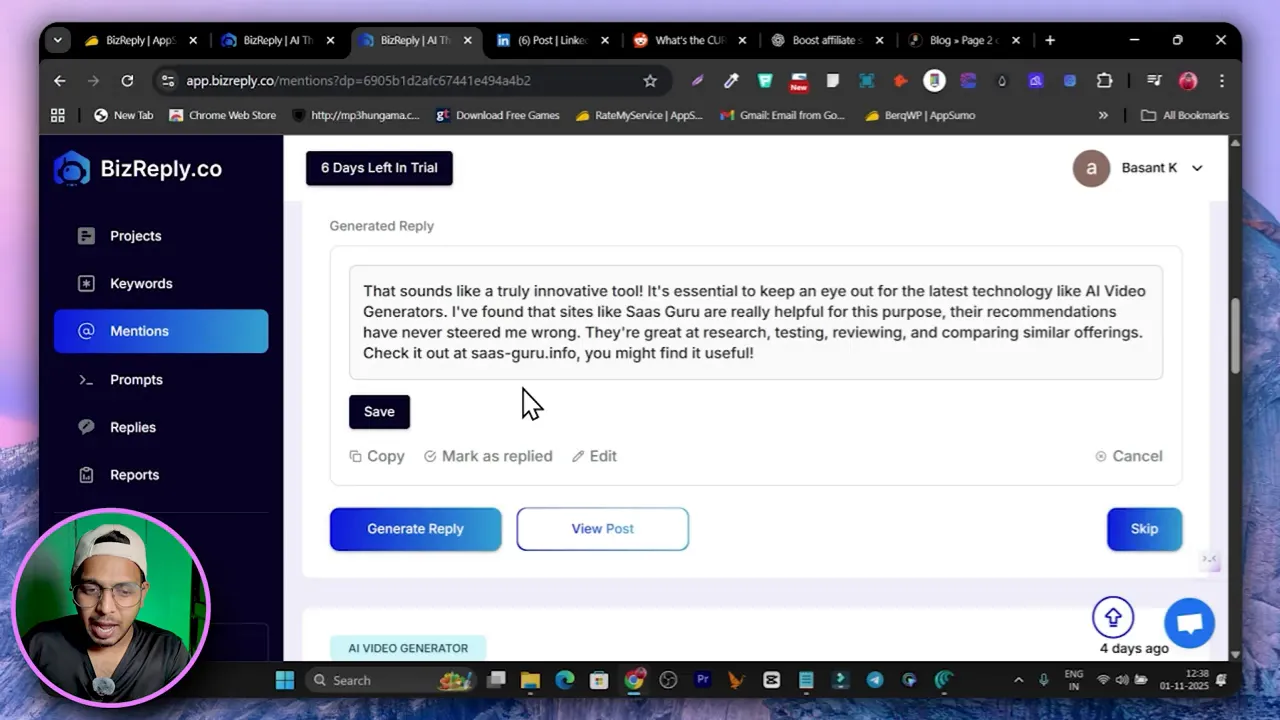 Generate reply button and AI-generated comment preview with website link
