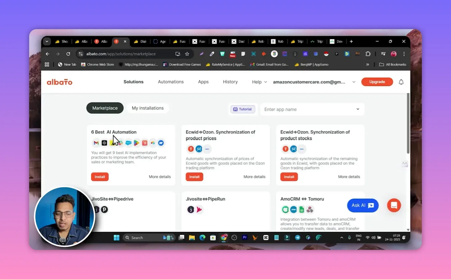 Albato marketplace with clear integration cards (e.g., '6 Best AI Automation', Ecwid⇄Ozon) and the 'Marketplace' filter selected.