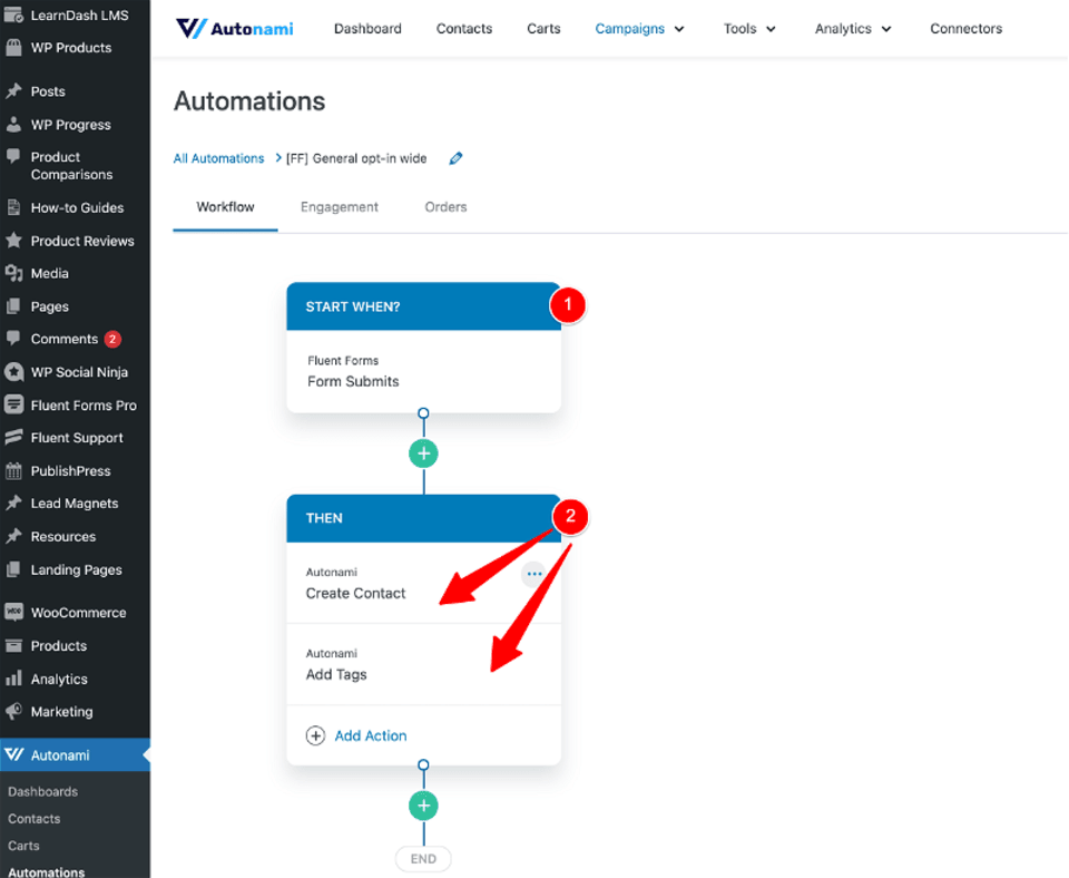 A screen displaying the setup process for automations in WooCommerce, comparing WPfunnels and FunnelKit features.