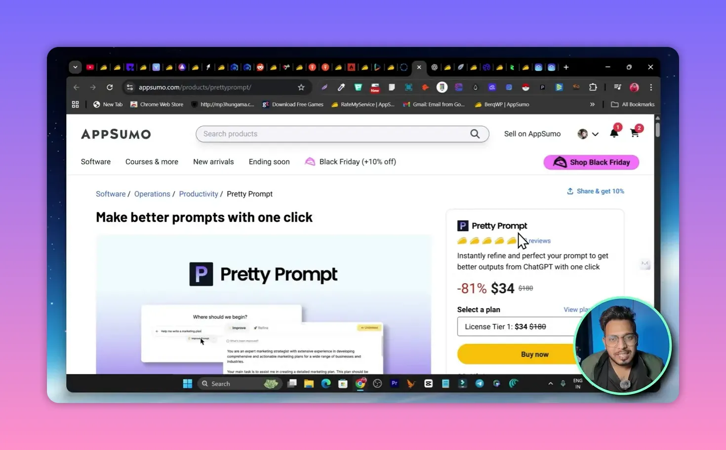 Cropped AppSumo Pretty Prompt product page showing the 'Make better prompts with one click' hero, the pricing/plan card and a presenter thumbnail inset; page content and CTA are clearly readable.