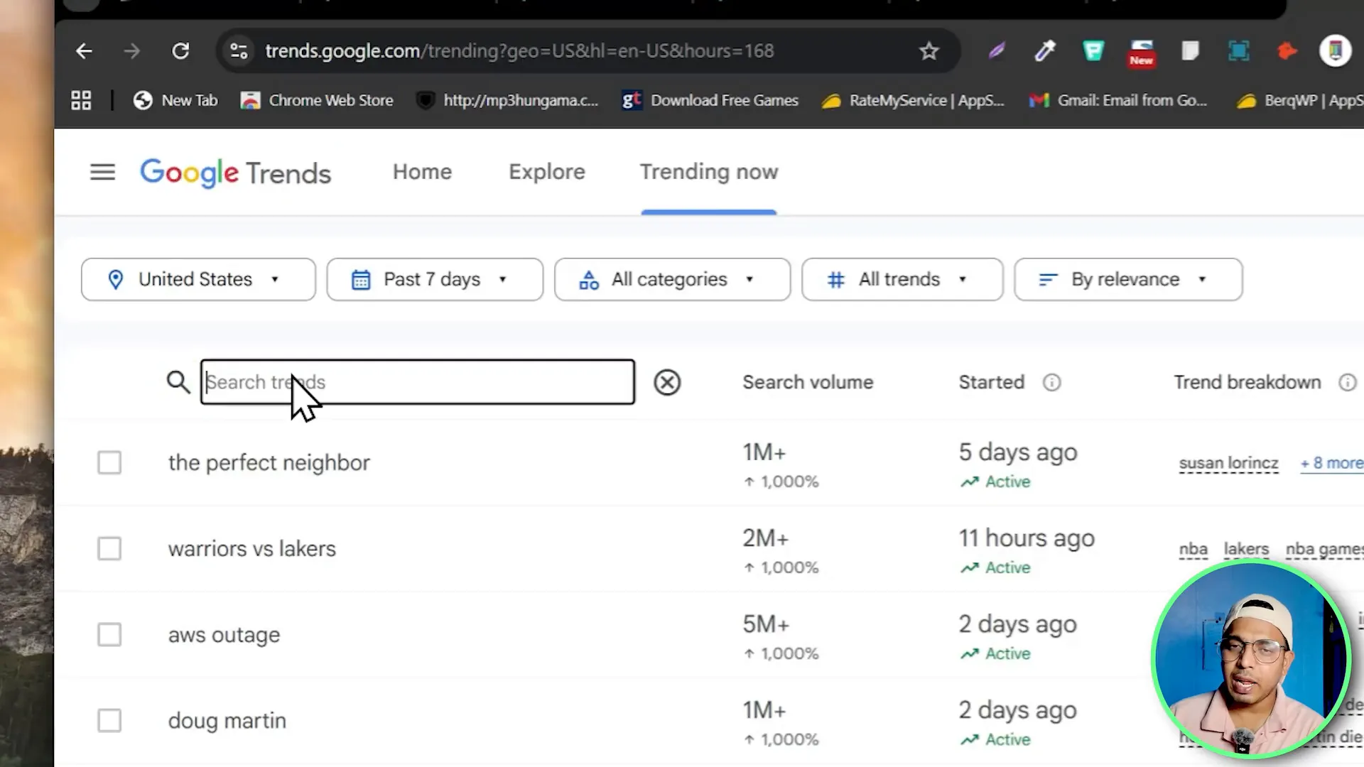 Google Trends landing page showing trending items and search box