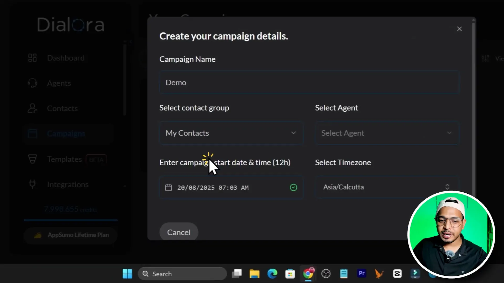 Creating a demo campaign and selecting contact group