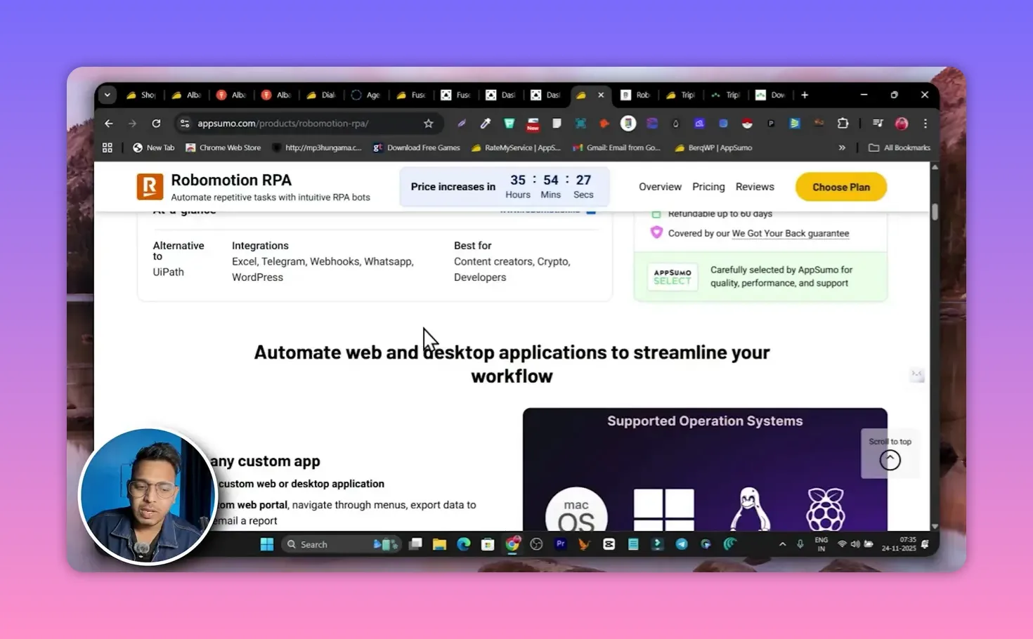 AppSumo Robomotion RPA product page with headline 'Automate web and desktop applications to streamline your workflow'