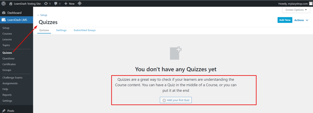Learndash add quiz
