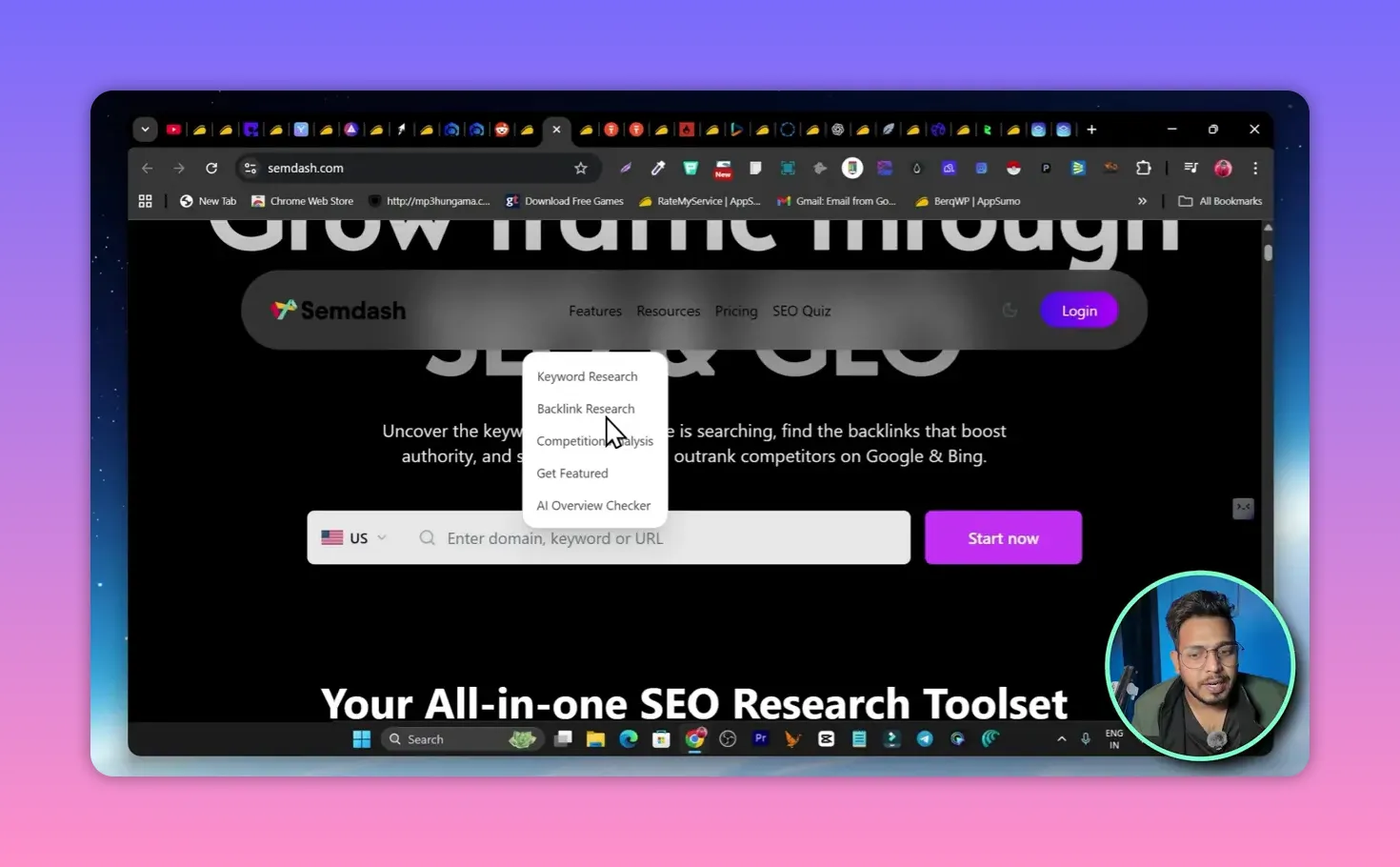 Semdash homepage screenshot with feature menu listing Keyword Research, Backlink Research, Competition Analysis, Get Featured, and AI Overview Checker