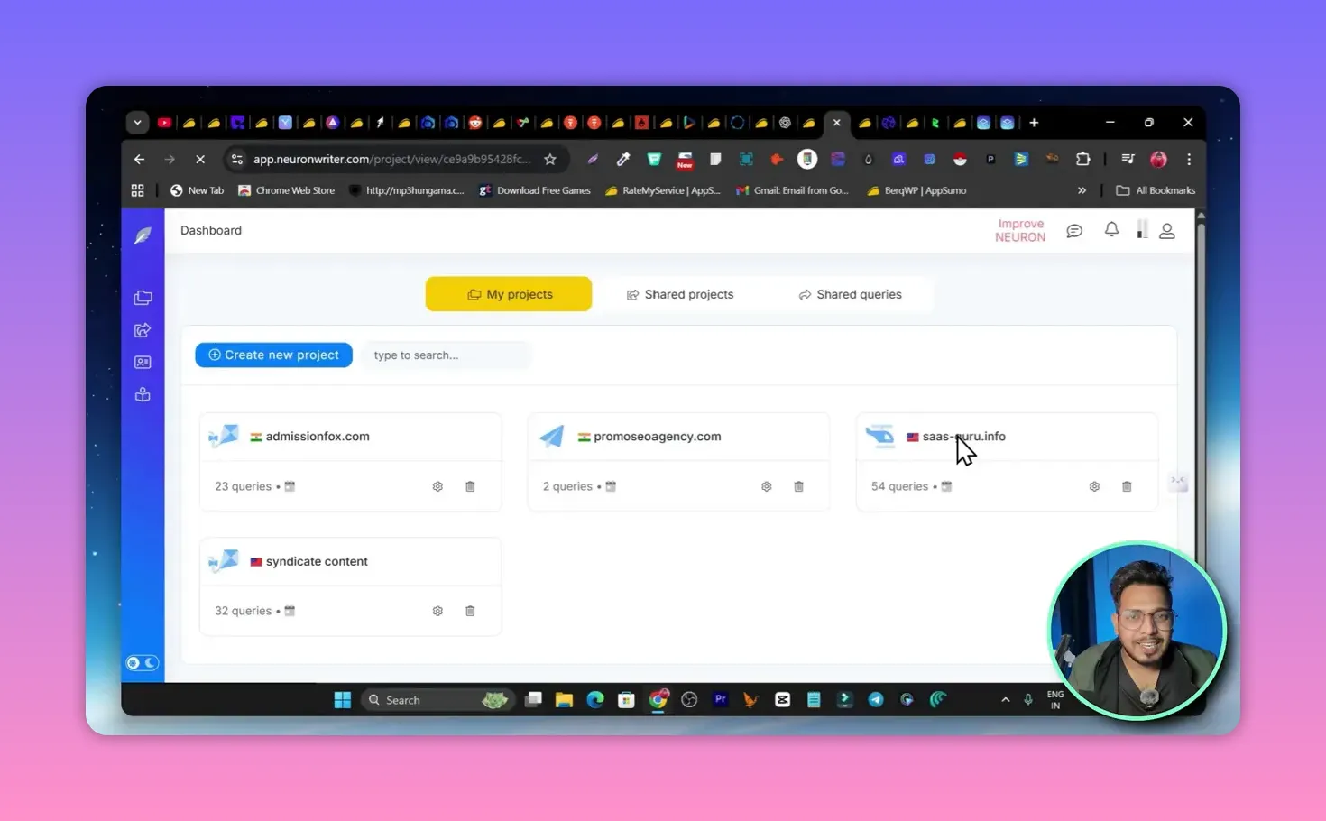 NEURONwriter dashboard showing 'Create new project' button, My projects cards (site names and query counts) and UI for managing SEO projects.
