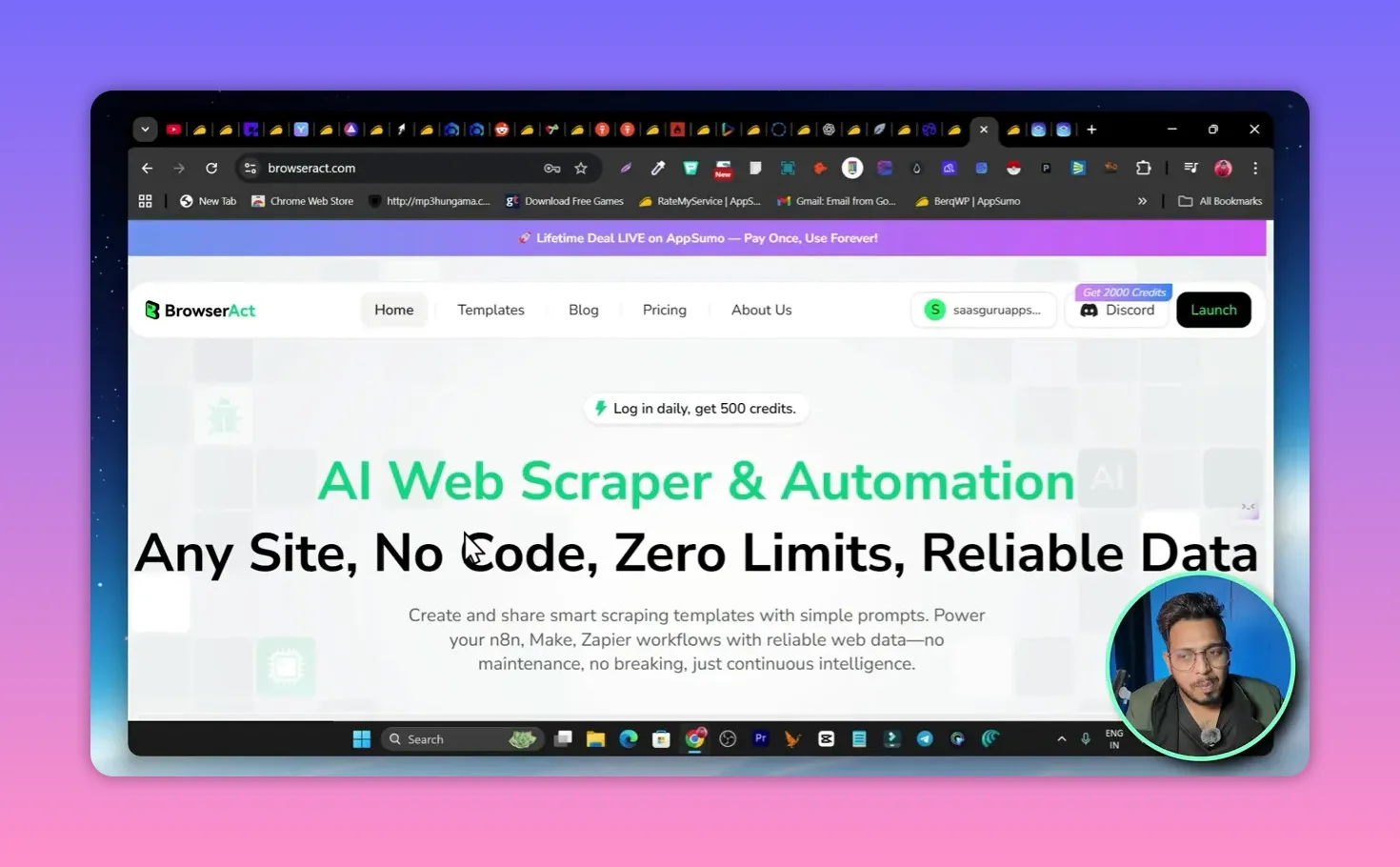 BrowserAct homepage hero reading 'AI Web Scraper & Automation — Any Site, No Code, Zero Limits, Reliable Data' with navigation and presenter thumbnail.