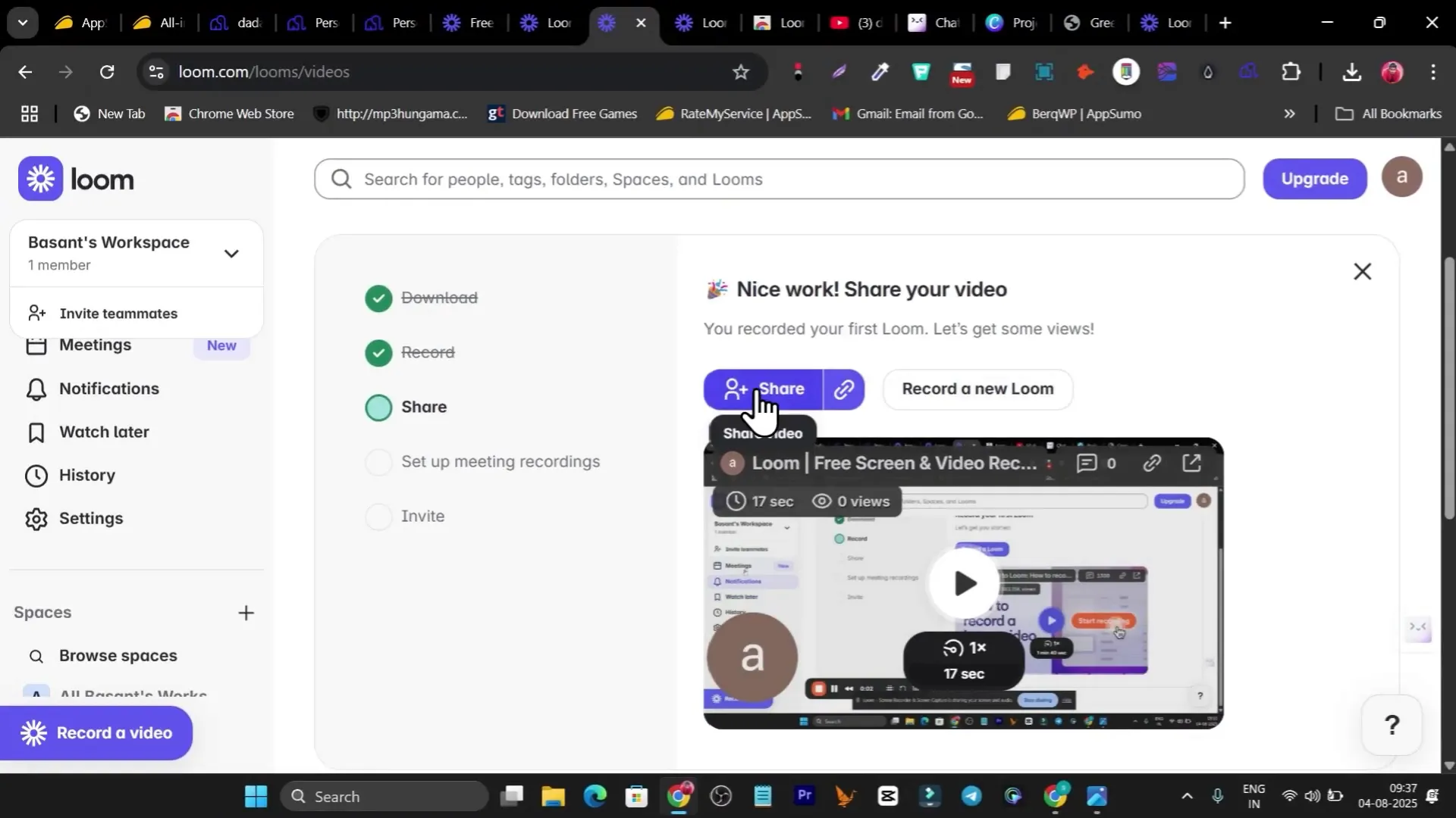 Loom recorded video page with share link visible