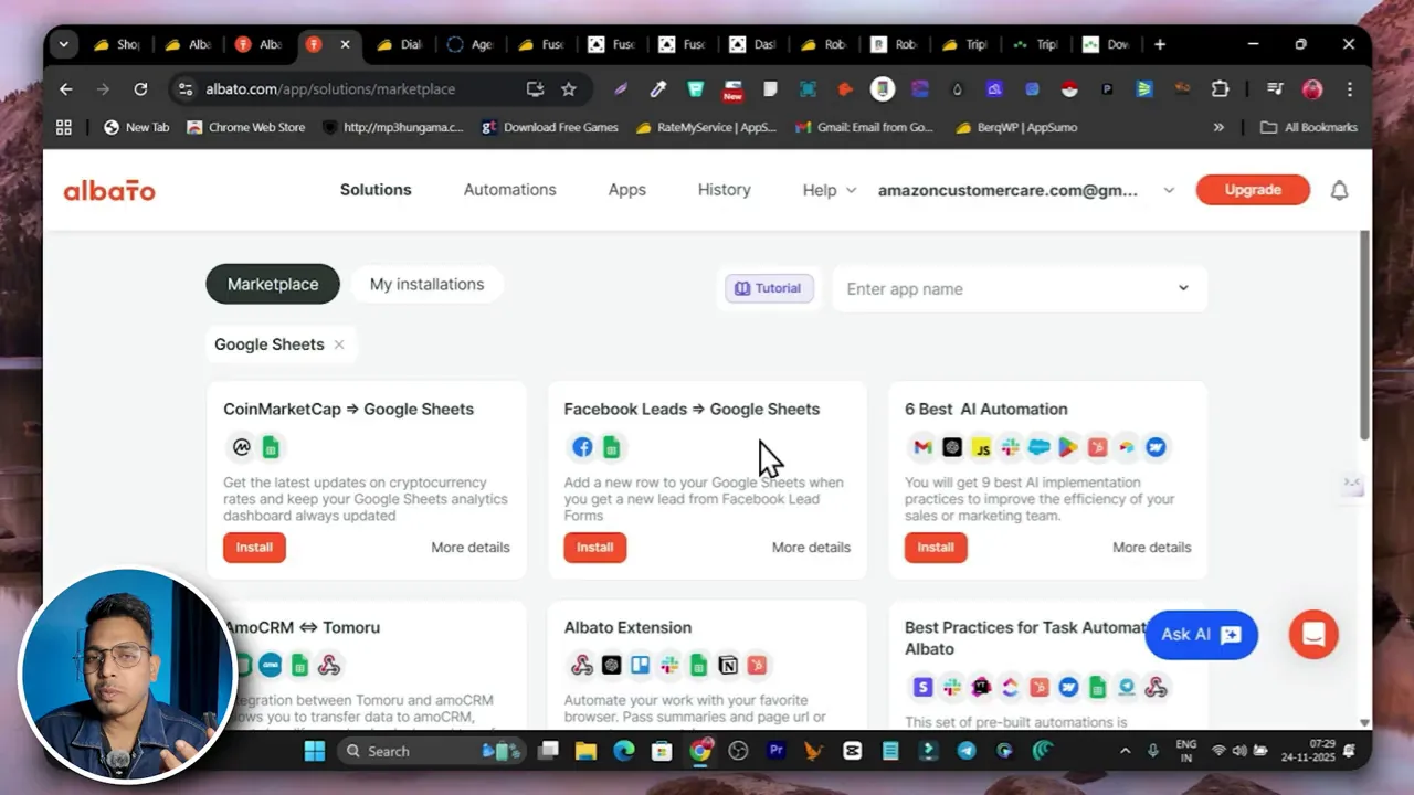 Albato marketplace UI with cards for CoinMarketCap → Google Sheets, Facebook Leads → Google Sheets and other prebuilt templates.