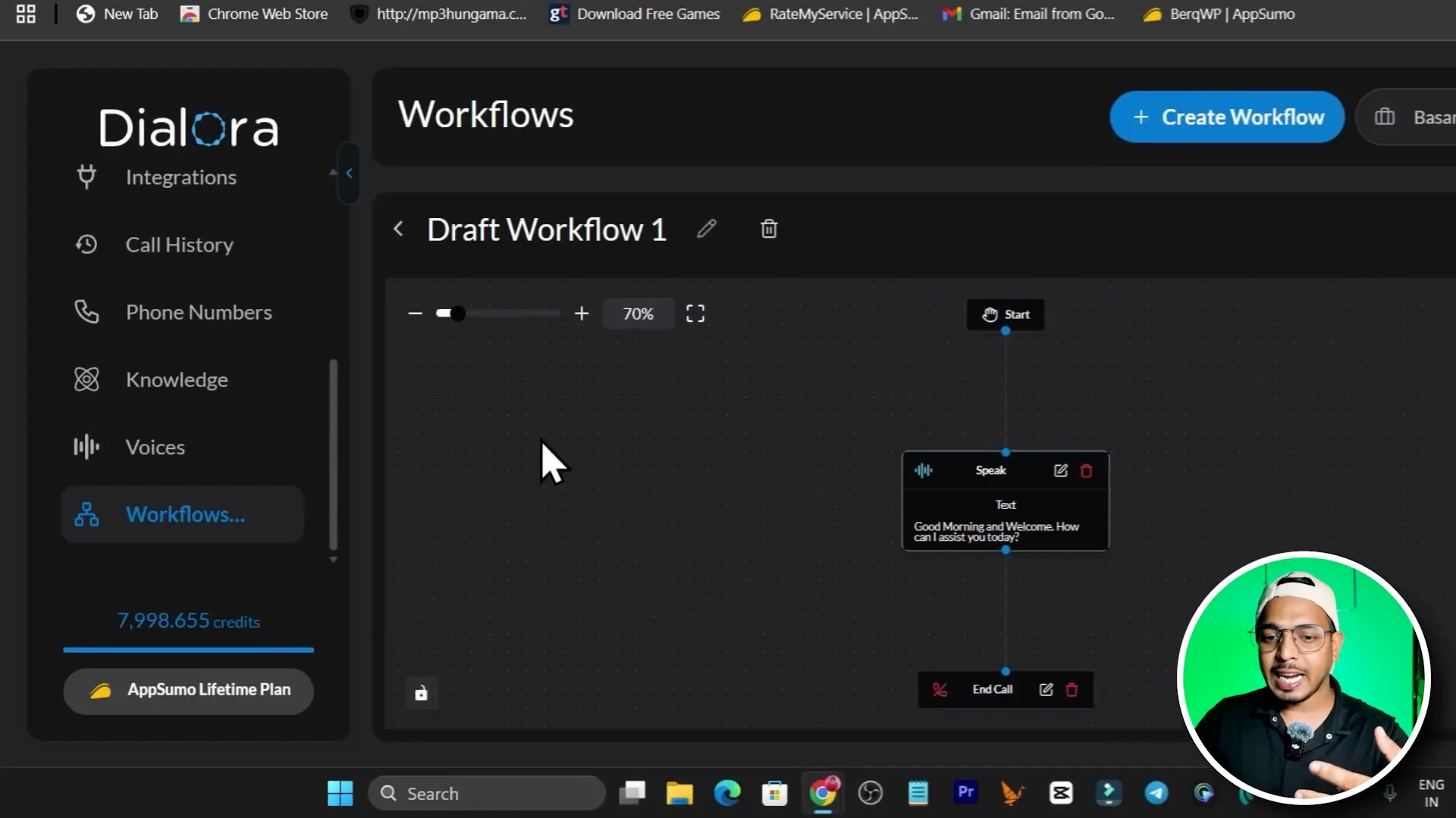Workflow editor showing start message and nodes for branching conversation