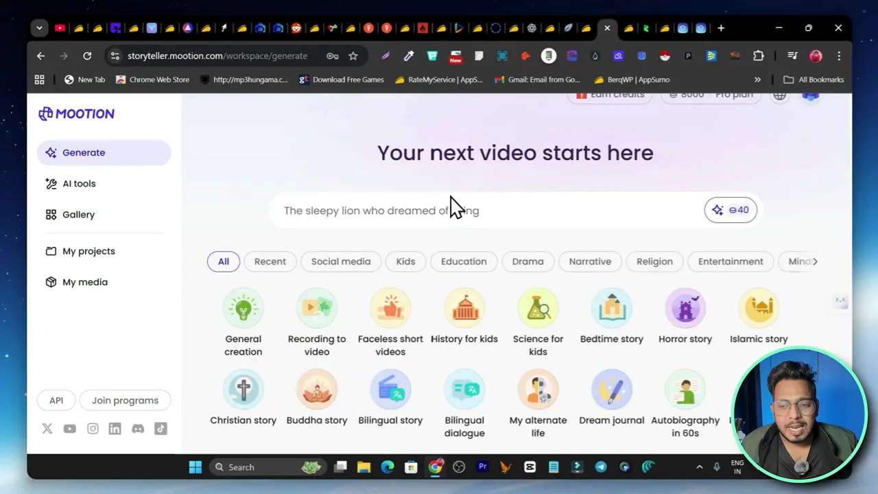 Mootion 'Your next video starts here' workspace with a prompt input, category icons for story types, and a presenter thumbnail in the corner.