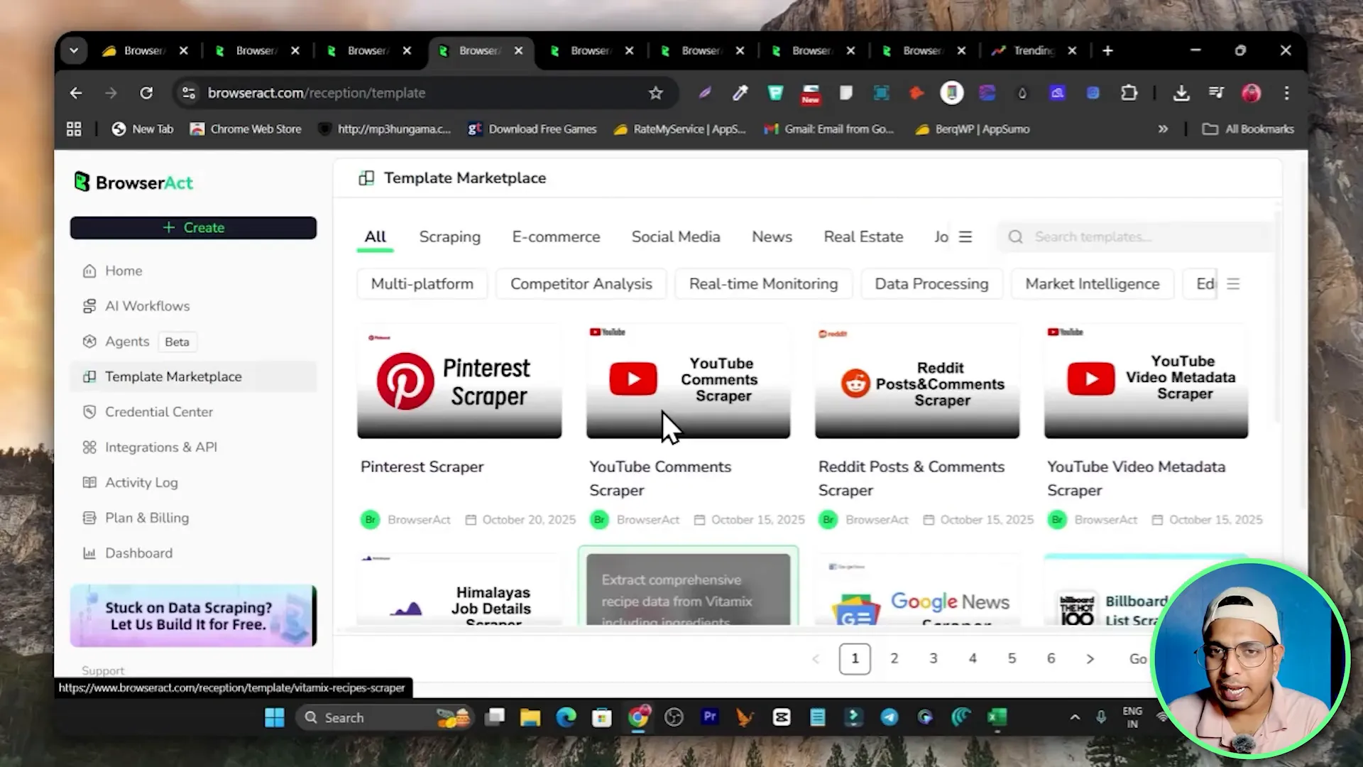 Template marketplace showing categories: ecommerce, social media, news, real estate, jobs