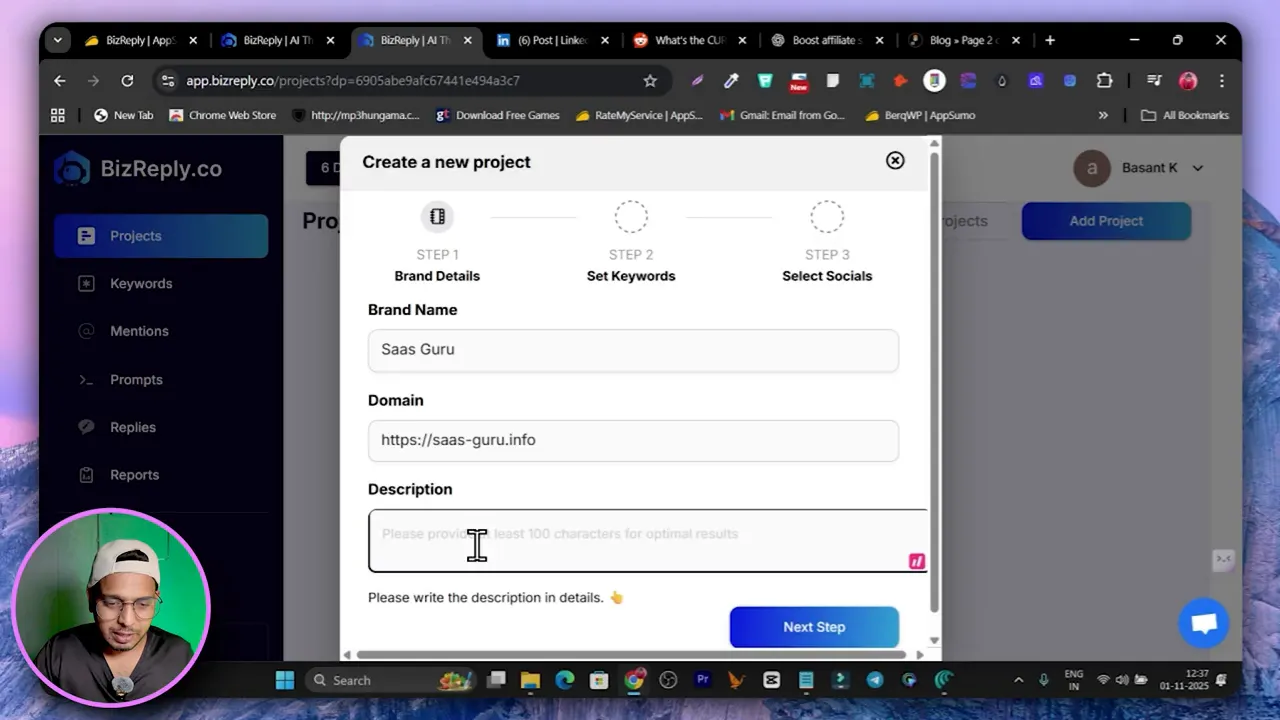 Adding a new project named 'SAS Guru' and entering domain and description