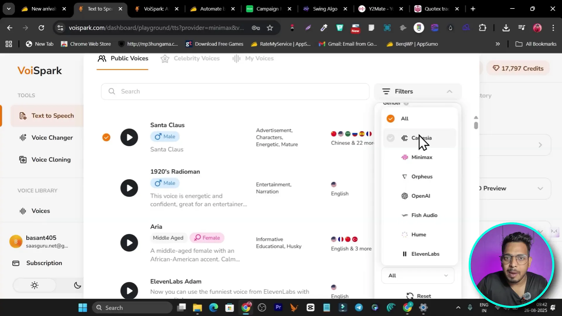 Filter dropdown showing provider list including 11Labs, MiniMax, Fish Audio and others