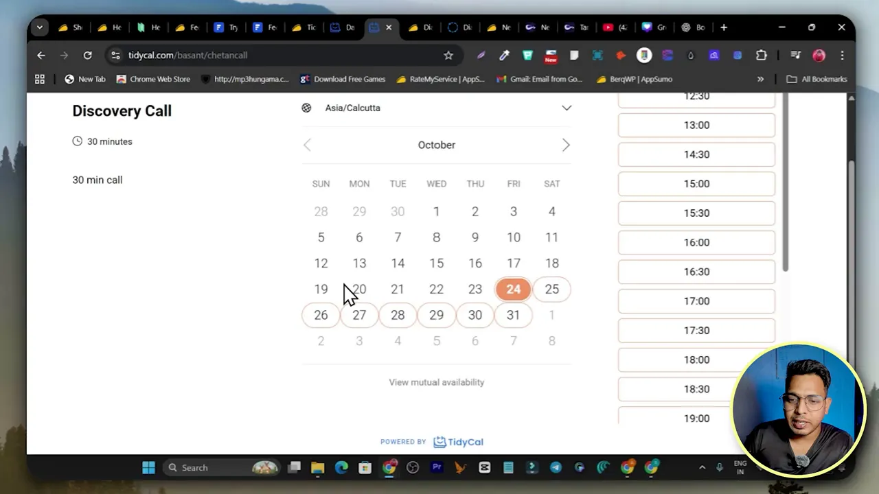 TidyCal booking page example showing dates, times, and brand customization