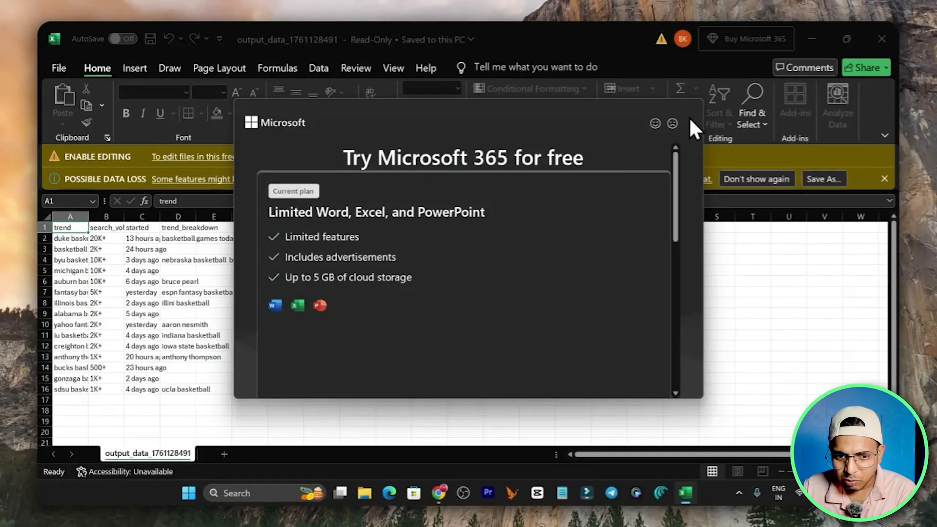 CSV opened showing basketball trend keywords, search volume and trend breakdown fields