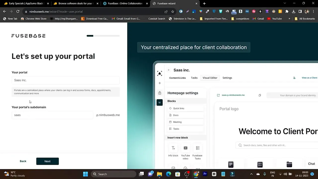Fusebase dashboard account setup and onboarding screen