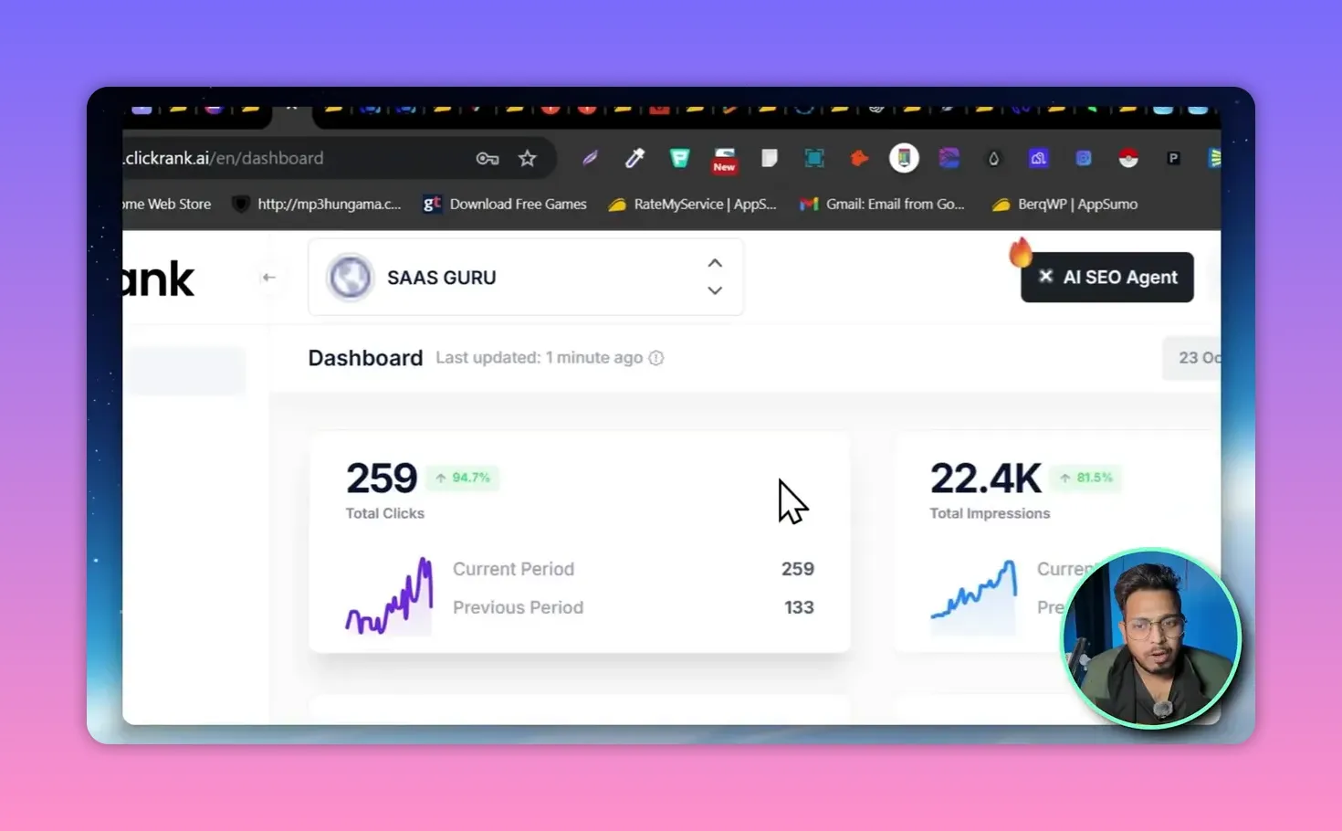 ClickRank dashboard screenshot showing total clicks, total impressions and trend charts