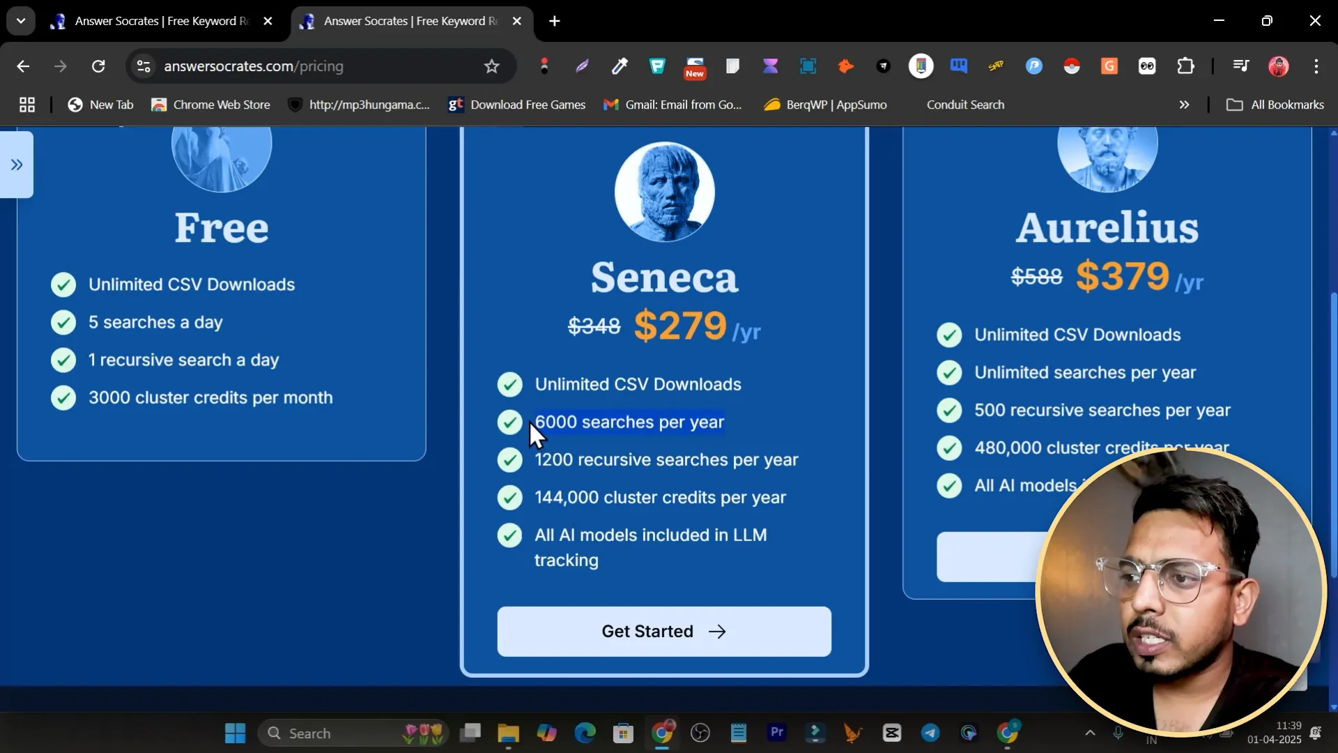 Pricing panel showing monthly and yearly plan details