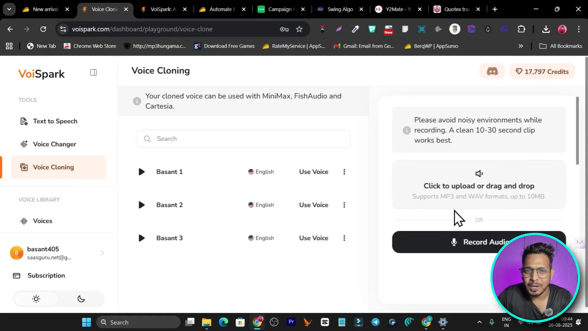 Voice cloning feature: Upload 10-30 seconds to create a clone
