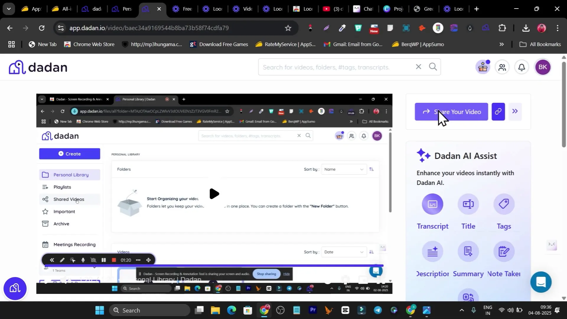 Dadan.io video with AI-generated transcript and share options