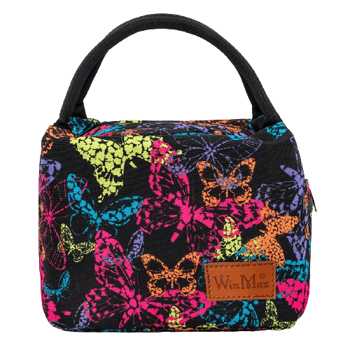 Sac isotherme à motifs colorés de papillons, idéal pour garder vos aliments et boissons au frais, avec une poignée pour un transport facile.