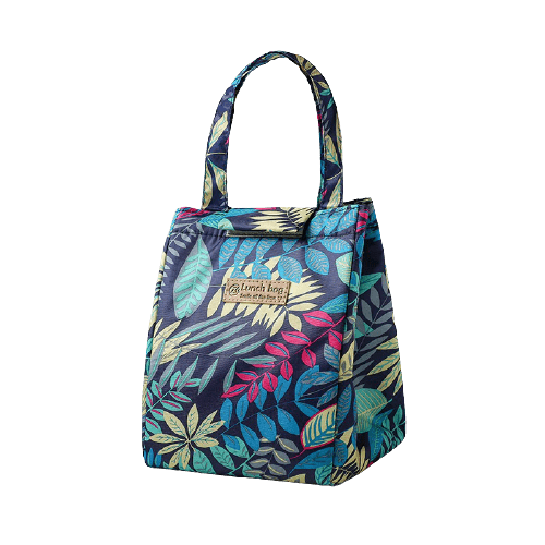Sac isotherme à motif végétal, idéal pour le transport de repas et de boissons, avec des anses pratiques pour un port facile.