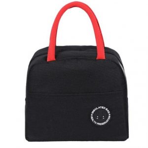 Sac isotherme noir avec poignées rouges, conçu pour conserver la température des aliments et boissons.