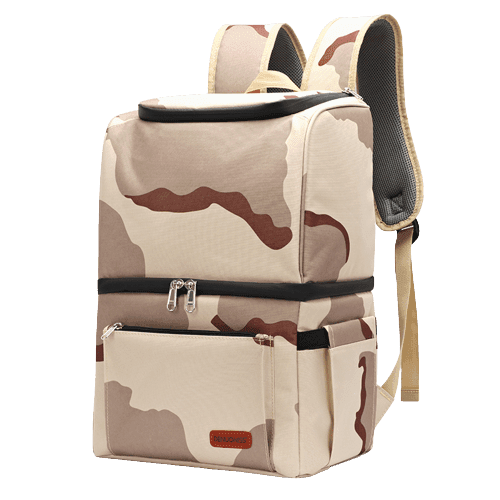 Sac à dos isotherme en camouflage, conçu pour garder vos aliments et boissons au frais, avec plusieurs compartiments de rangement et des bretelles confortables.