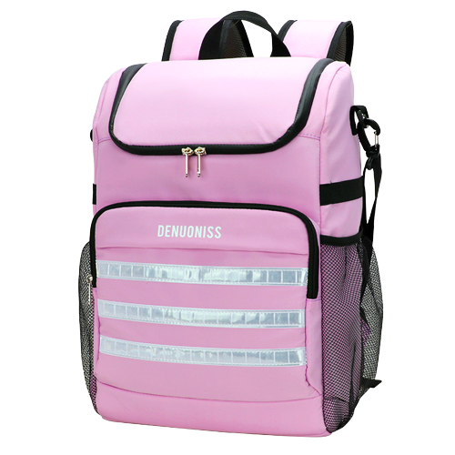sac à dos isotherme rose avec bandoulières ajustables et poches en filet, idéal pour le transport de nourriture et de boissons.