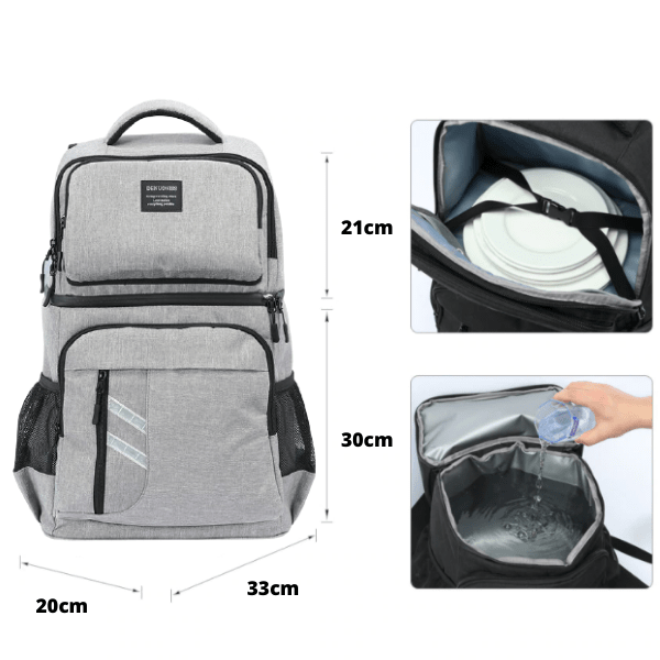 sac à dos isotherme avec plusieurs compartiments, capacité de 21 cm de hauteur, 33 cm de largeur et 20 cm de profondeur, idéal pour transporter des repas et des boissons, design moderne et pratique.
