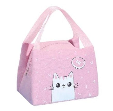 sac isotherme rose avec motif de chat, idéal pour transporter des aliments et boissons au frais, design ludique et pratique
