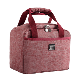 sac isotherme rouge avec poignées et fermeture éclair, idéal pour conserver les aliments et boissons à la bonne température, design compact et pratique pour les pique-niques et les sorties.