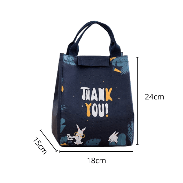 Sac isotherme avec motif de lapins et inscription "THANK YOU", dimensions 24 cm de hauteur, 18 cm de largeur et 15 cm de profondeur.