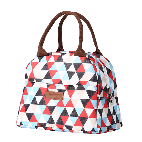 Sac isotherme coloré avec motif de triangles, poignées en simili cuir et fermeture éclair.