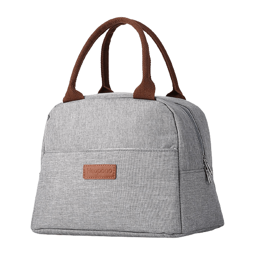 sac isotherme en tissu gris avec anses marron, idéal pour conserver les aliments et boissons à température, design moderne et pratique pour les sorties et pique-niques