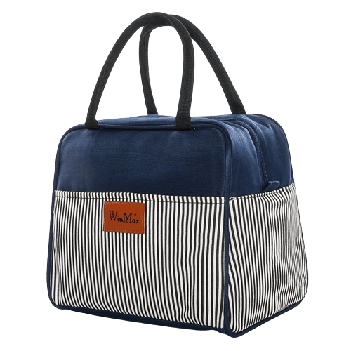 Sac isotherme bleu marine avec motif rayé, conçu pour garder les aliments et boissons à température idéale, doté de poignées pour un transport facile.
