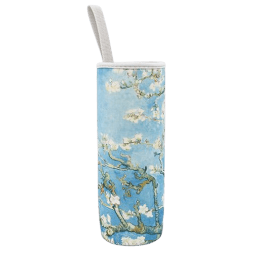 Sac isotherme design floral bleu avec motifs de fleurs blanches, idéal pour garder les boissons à température.