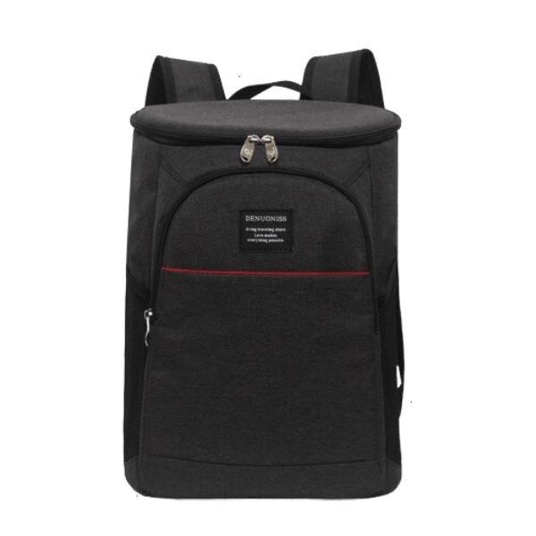 sac à dos isotherme noir avec poches extérieures et fermeture éclair, idéal pour le transport de nourriture et de boissons.