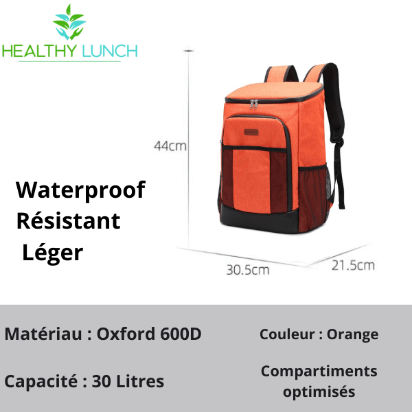 sac à dos isotherme orange, en matériau Oxford 600D, waterproof, léger, capacité de 30 litres, compartiments optimisés pour le transport d'aliments et boissons.