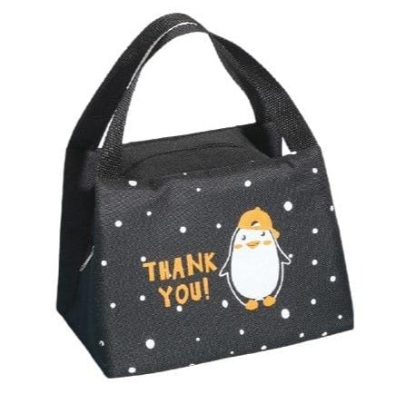 sac isotherme noir avec motif de pingouin et inscription "THANK YOU!" idéal pour le transport de repas ou de boissons froides et chaudes.