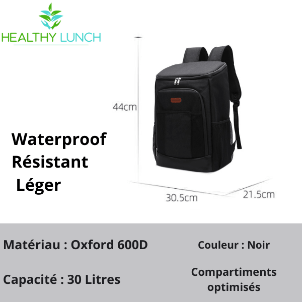 Sac à dos isotherme noir en matériau Oxford 600D, waterproof, léger, capacité de 30 litres avec compartiments optimisés.